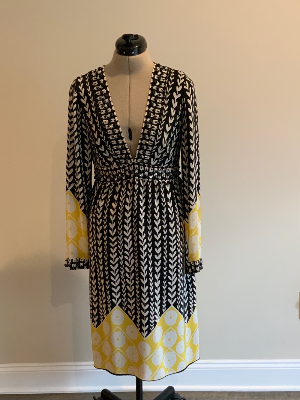 Anna Sui Black and Yellow Plunging V-Neck Long Sleeve Silk Midi Dress